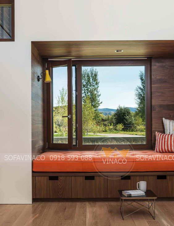 bục ghế ngồi bên cửa sổ luxury với gỗ óc chó, hộc kéo