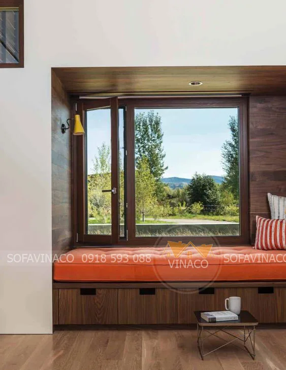 bục ghế ngồi bên cửa sổ luxury với gỗ óc chó, hộc kéo